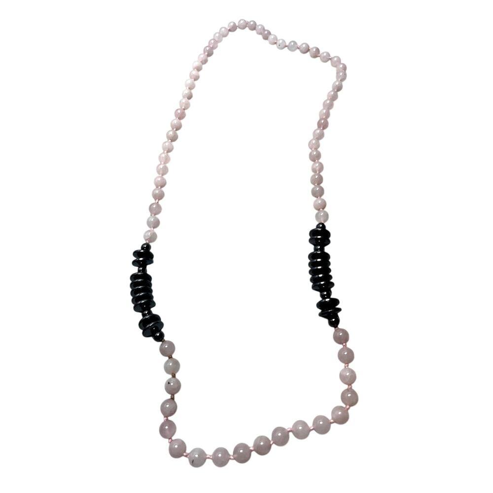 Black Hematite & Pink Rose Quartz Beaded Necklace Knotted